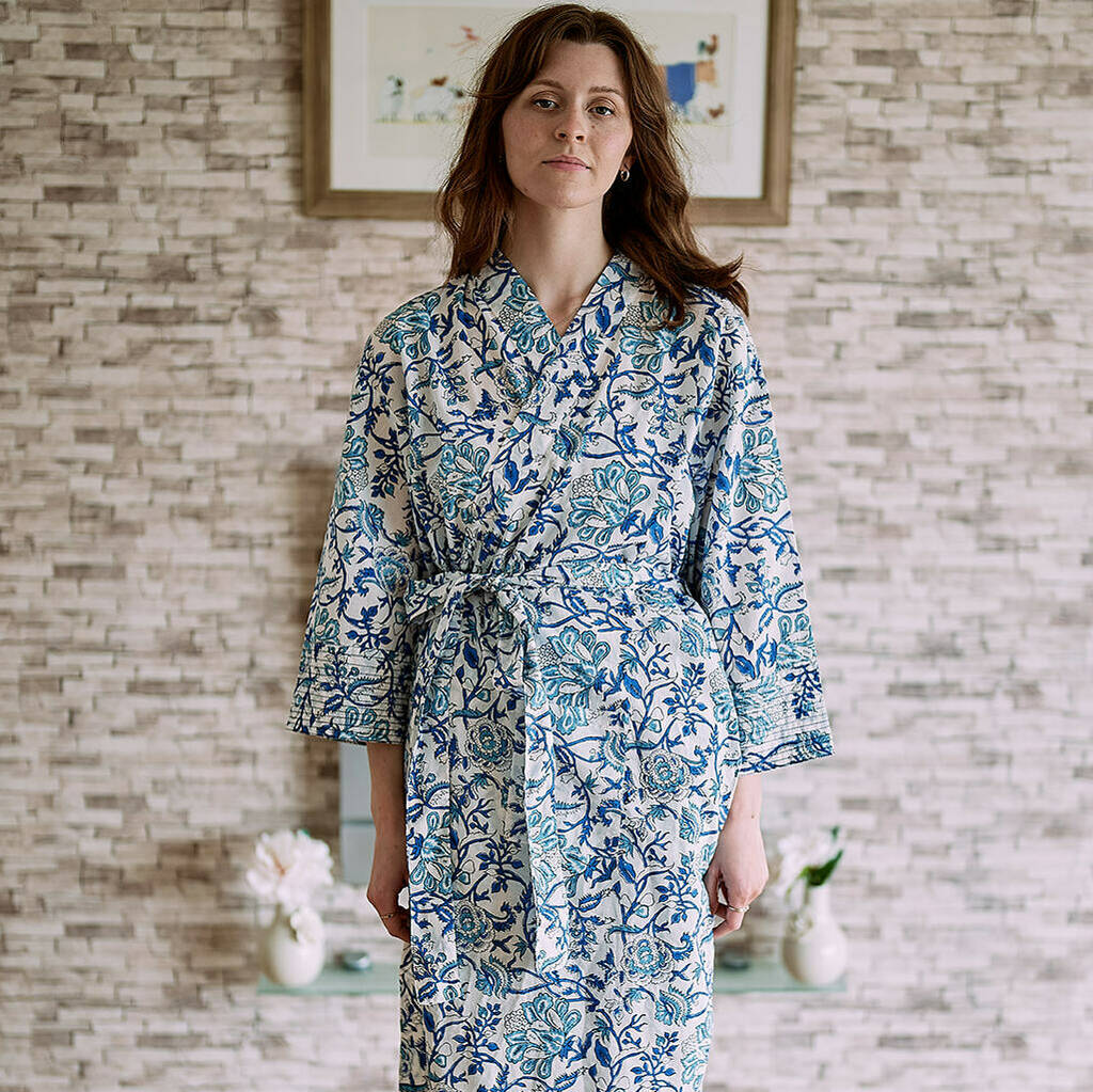 Turquoise And Royal Blue Floral Block Printed Robe, 1 of 10