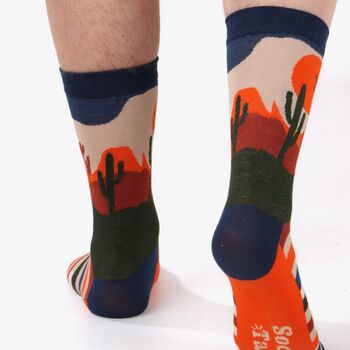 Men's Bamboo Socks Blue Orange Desert Cactus, 2 of 7