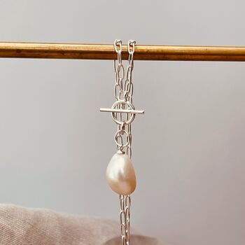 Sterling Silver T Bar Pearl Necklace, 4 of 7