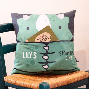 Personalised Story Time Dino Cushion With Pocket, 2 of 4