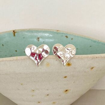 Silver Hammered Heart Stud Earrings, 2 of 6