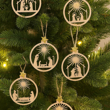 Wooden Nativity Hanging Decorations Set Of Nine Christmas Tree, 4 of 4