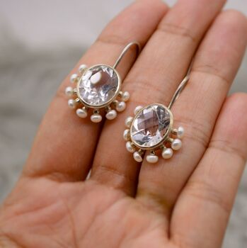 Clear Quartz, Pearl Silver Earrings, 5 of 12