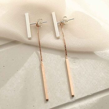 Sterling Silver Rose Gold Plated T Bar Dangly Earrings, 3 of 5