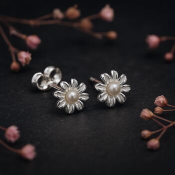 Sterling Silver Pearl Daisy Flower Tiny Stud Earrings, 5 of 11