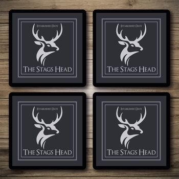 Personalised Bar Runner And Coasters Stags Head, 3 of 8