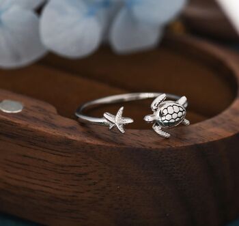 Turtle And Starfish Open Ring In Sterling Silver, 5 of 10