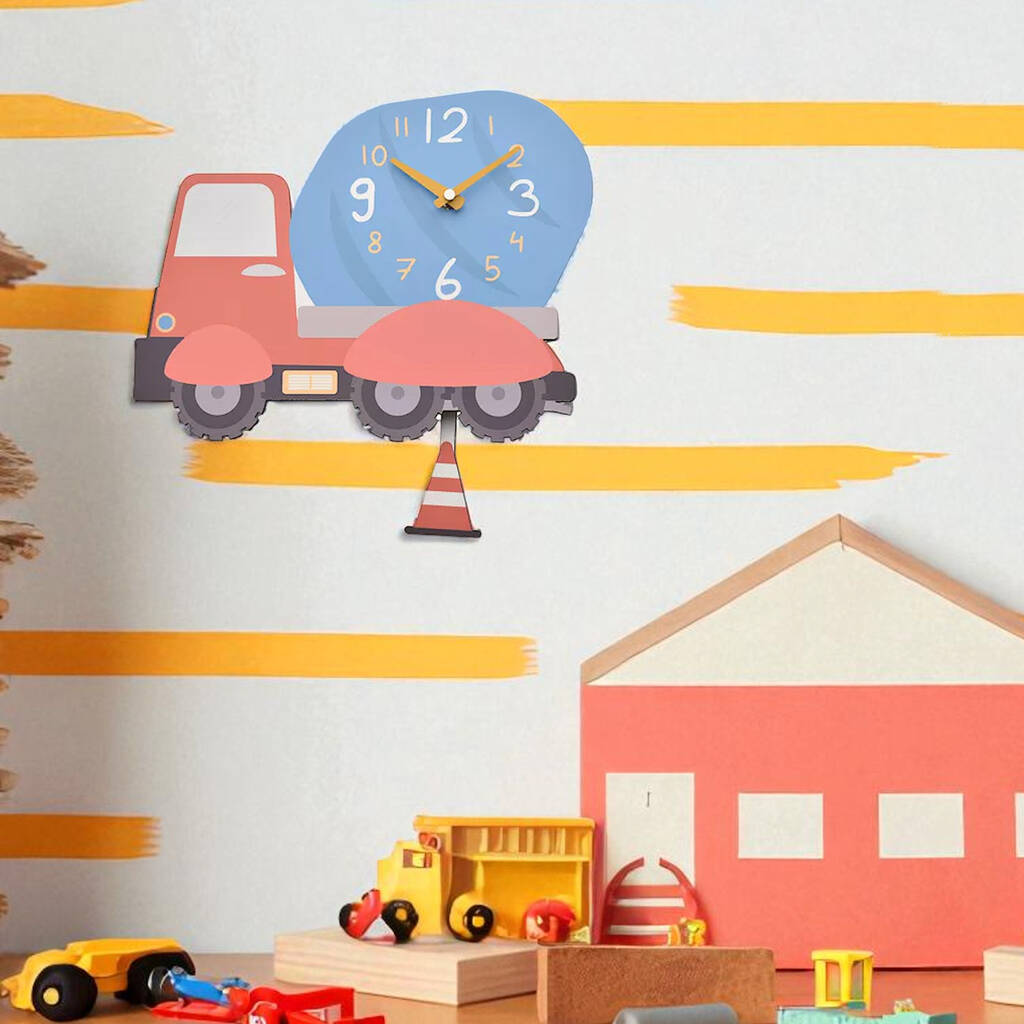 Boys Mixer Truck Wooden Wall Clock With Pendulum, 1 of 3