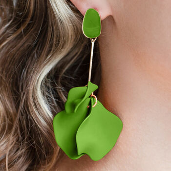 Lawn Green Hand Painted Large Petal Drop Earrings, 2 of 3