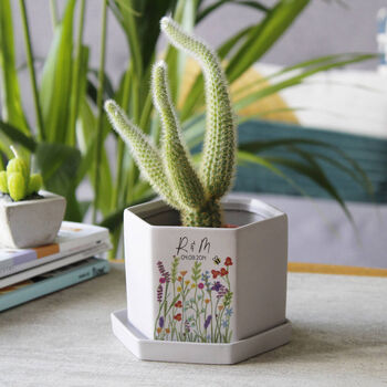 Anniversary Hexagon Plant Pot With Wildflower Design, 3 of 4