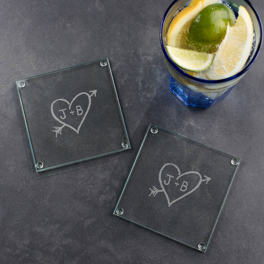 Personalised Pair Of Carved Heart Glass Coasters By Dust and Things