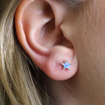 Sterling Silver Blue Opal Star Stud Earrings, 4 of 7