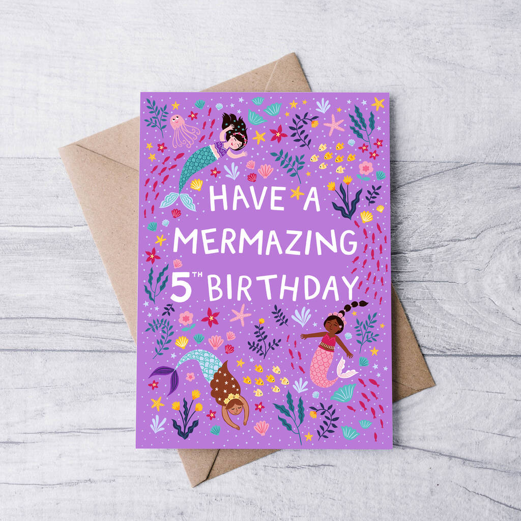 Mermaid Birthday Card, Girls 5th Birthday Card By Pear Tree Press