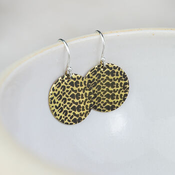 Sterling Silver And Brass Leopard Print Disc Earrings, 2 of 5