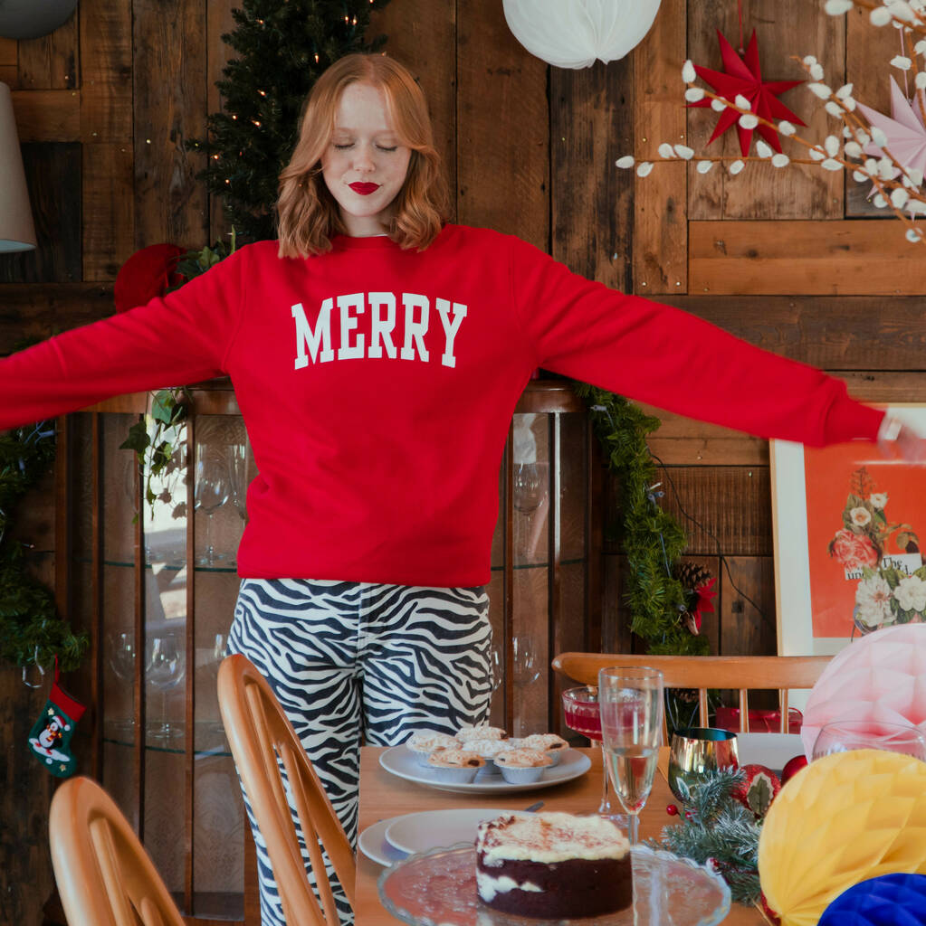 'Merry' College Christmas Jumper Sweatshirt, 1 of 6