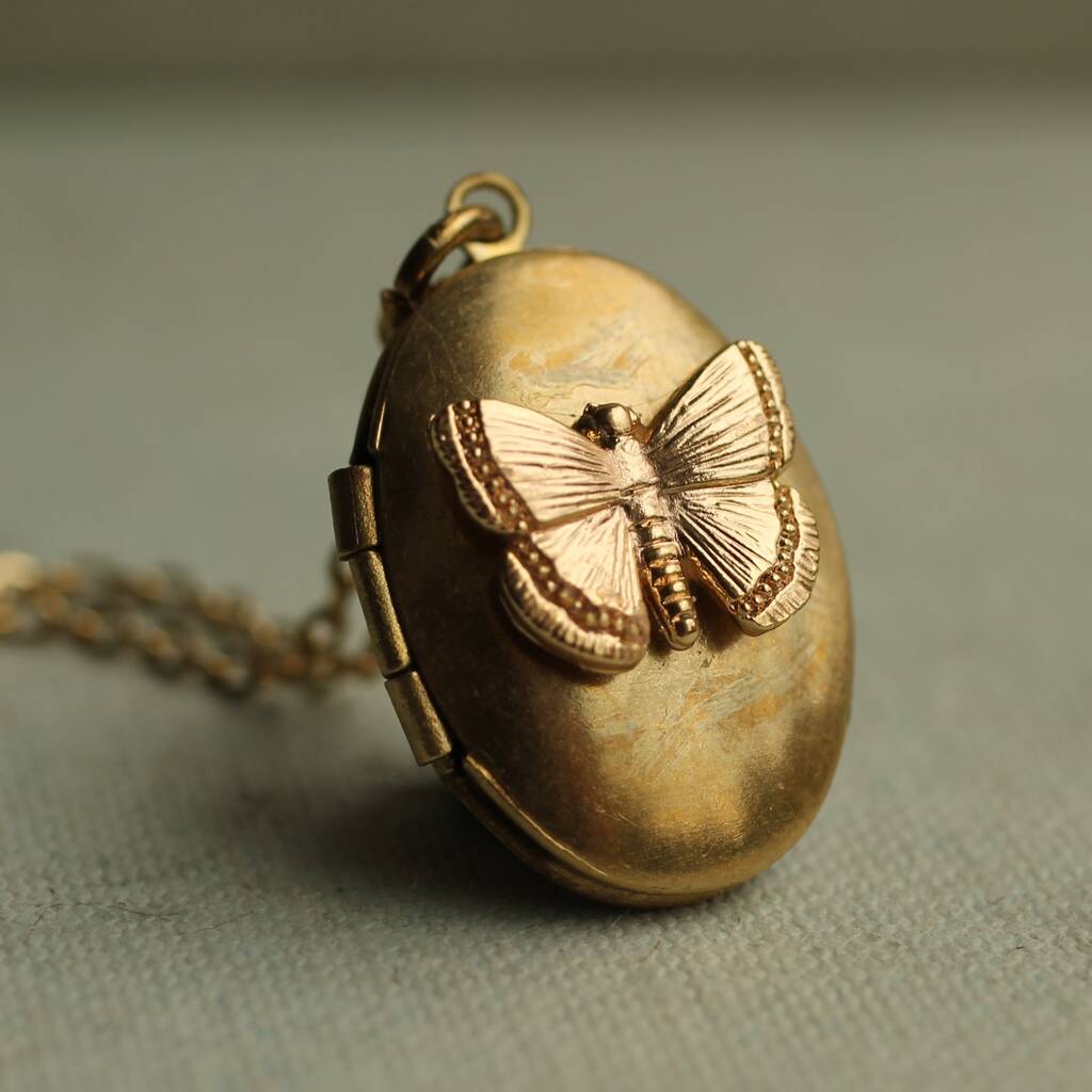 Gold Brass Oval Butterfly Locket, 1 of 6
