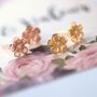 Plumeria Gold And Rose Gold Flower Stud Earrings, thumbnail 2 of 11