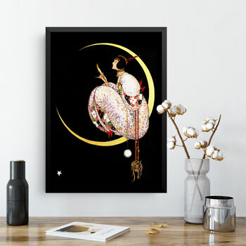 Woman On Crescent Moon Vintage Styled Wall Art Print, 3 of 4