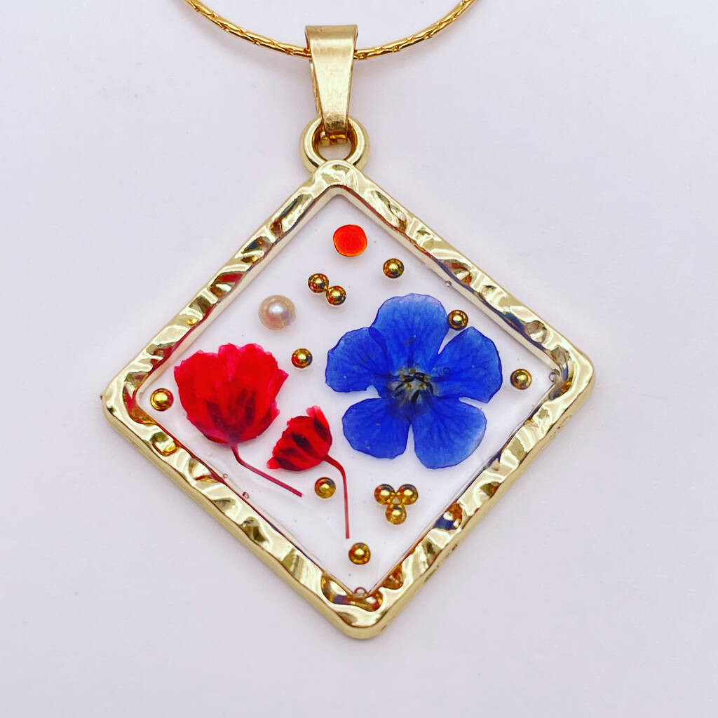Real Flowers Square Pendant Necklace Small Hand Made By Fleur de Trésor