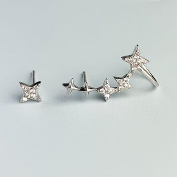 Sterling Silver Star Stud Earrings With Cuff, 4 of 8