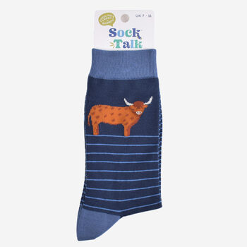 Men's Bamboo Socks Navy Blue Stripe Highland Cow, 3 of 5