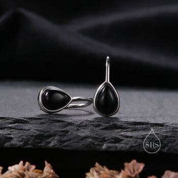 Genuine Black Onyx Pear Cut Drop Hook Earrings, 7 of 10