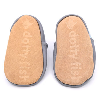 Dotty Fish Grey Panda Soft Leather Baby Shoes With Barefoot Soles, 7 of 8