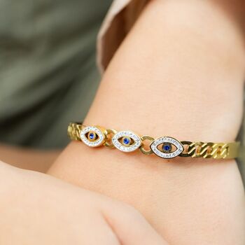 18ct Rose Gold Plated Evil Eye Brass Gold Zircon Bangle Bracelet, 6 of 7