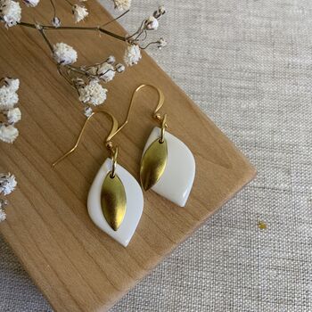 White Ceramic Leaf Earrings Gold Plated, 3 of 7
