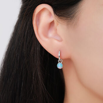 Sterling Silver Dangling Blue Opal Hoop Earrings, 7 of 12