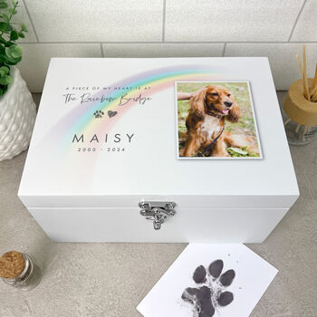 Personalised Rainbow Bridge Pet White Wooden Memorial Keepsake Box 22cm | 27cm | 30cm, 4 of 11