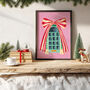 ‘Festive Door Bow’ Christmas Art Print – Pink And Green Holiday Decor, thumbnail 1 of 7