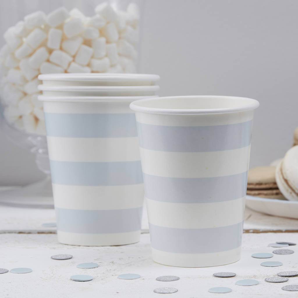 pastel blue and white striped party paper cups by ginger ray