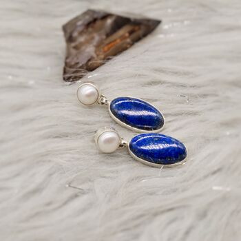 Lapis Lazuli, Pearl Sterling Silver Earrings, 4 of 7