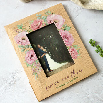 Personalised Wedding Photo Frame, Oak With Peonies, 5 of 6