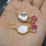 Pearl Ruby Earrings, June, July Birthstone Dangle Drop Gold Earrings, thumbnail 2 of 8