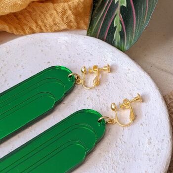 Clip On Earrings Art Deco Small Green Fountain, 2 of 4