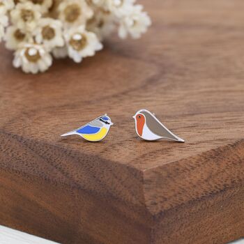 Mismatched Robin And Blue Tit Bird Stud Earrings In Sterling Silver, 6 of 12