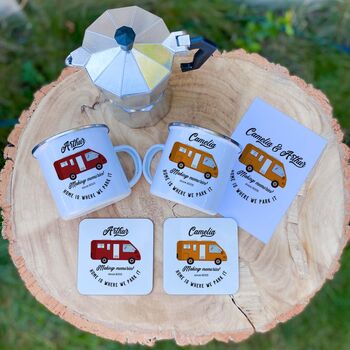 Motorvan Camp Set Enamel Mug Coffee Maker Coaster Card, 7 of 11