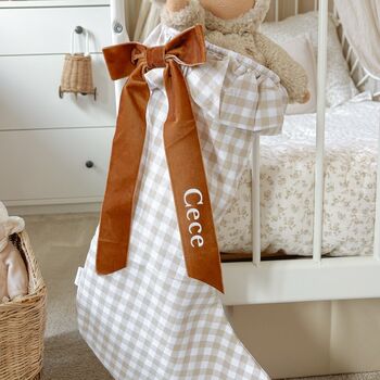 Personalised Beige Gingham Stocking Velvet Bow, 10 of 10