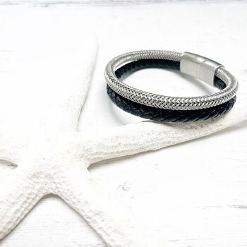 Stainless Steel And Leather Rope Mens Bracelet, 8 of 12