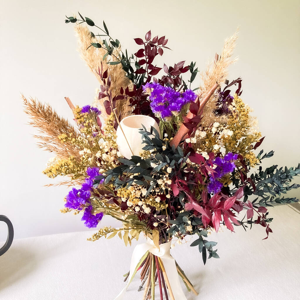 Burgundy Ruscus Flower Bouquet With Pampas Grass By Neboho