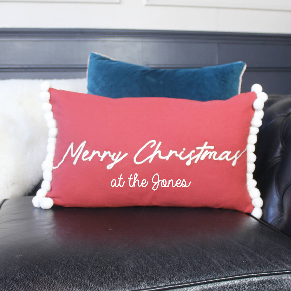 Personalised Red Merry Christmas Cushion With Pom Poms, 1 of 2