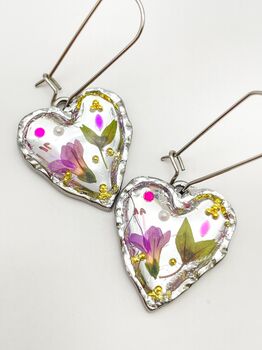 Silver Colour Heart Earrings With Pink Flowers, 7 of 8