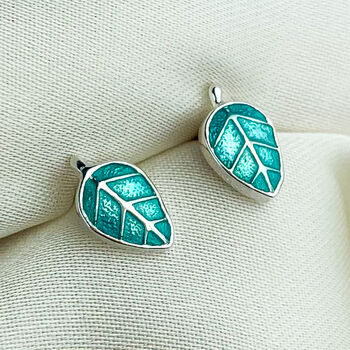 Sterling Silver Green Leaf Stud Earrings, 2 of 6