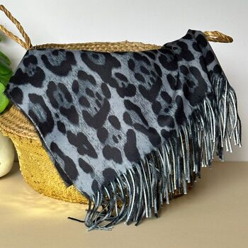 Leopard Print Scarf With Tassels In Grey, 4 of 4