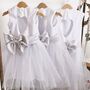 White Glitter Tutu Flower Girl Dress With Silver Bow And Heart Back Wedding And Special Occasion Dress For Girls, thumbnail 1 of 6