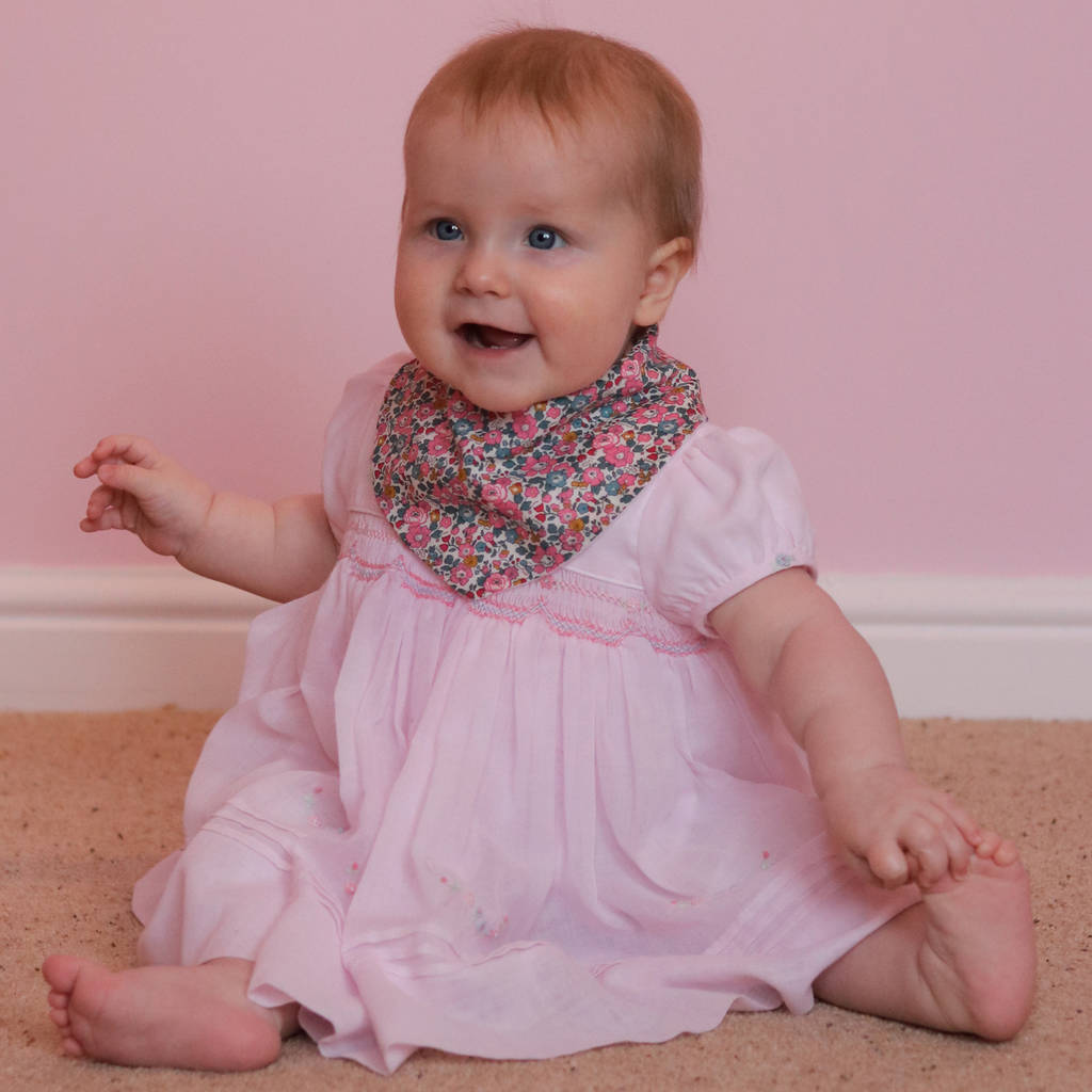 liberty fabric betsy pink baby bib by dribblebuster ...