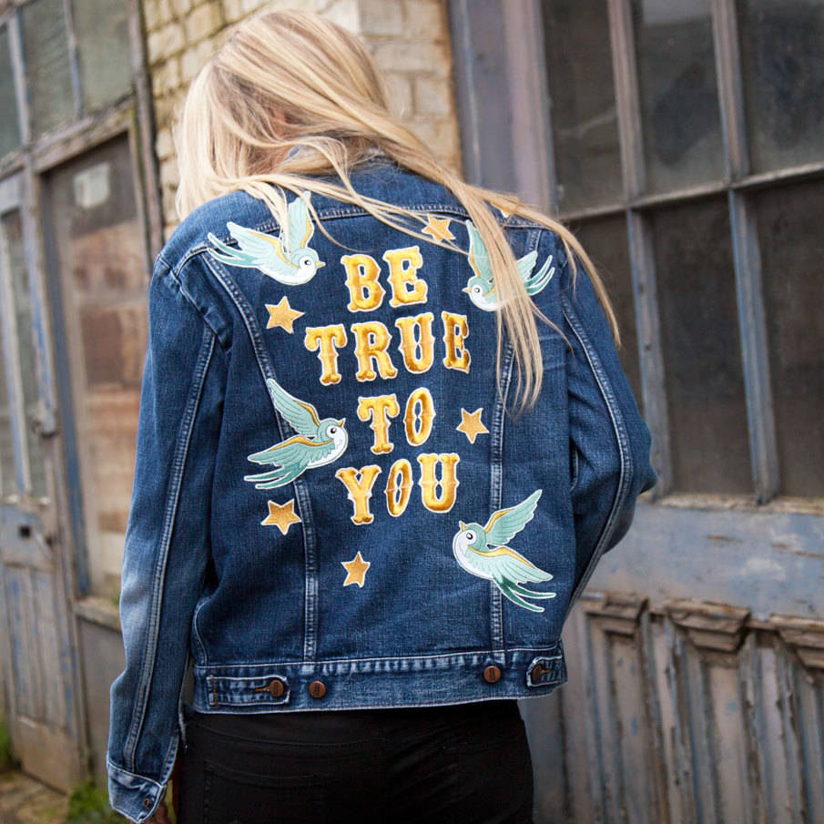 'Be True To You' Blue Bird Embroidered Denim Jacket By Denim and Bone ...