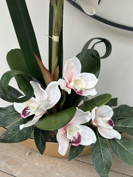 Large Pink Cymbidium Orchid In Gold Bowl, 3 of 8